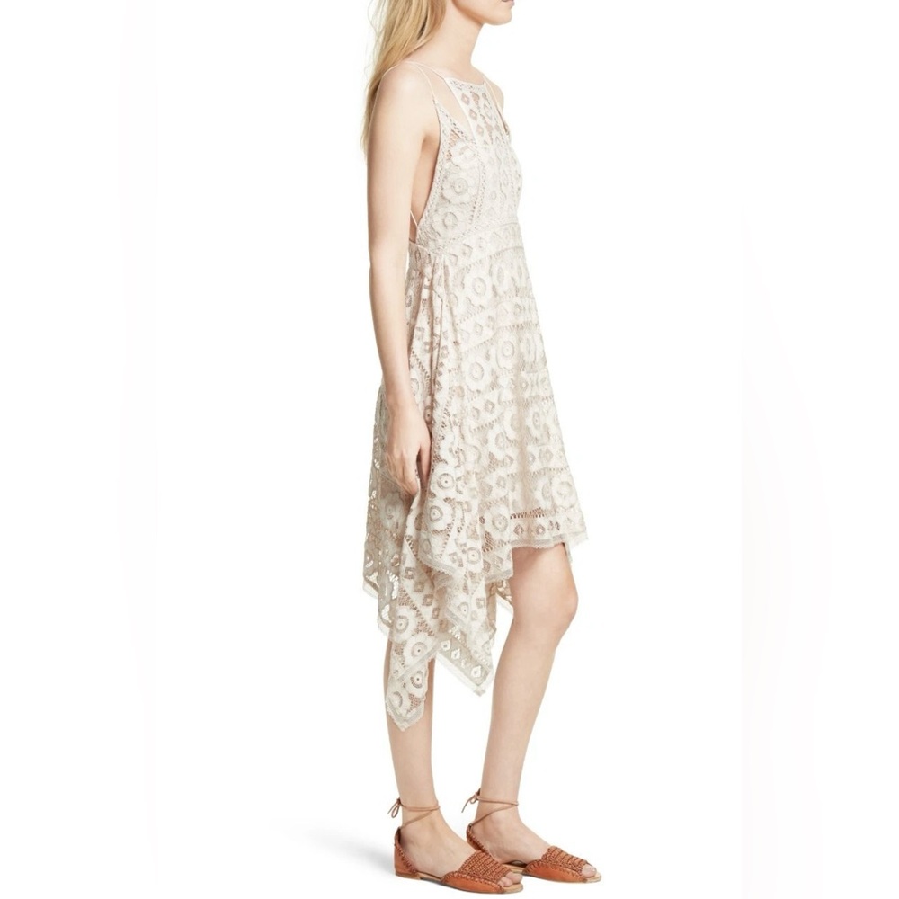Free People Just Like Honey Beige Lace Boho Midi Dress Sz 6 Asymmetrical Hem